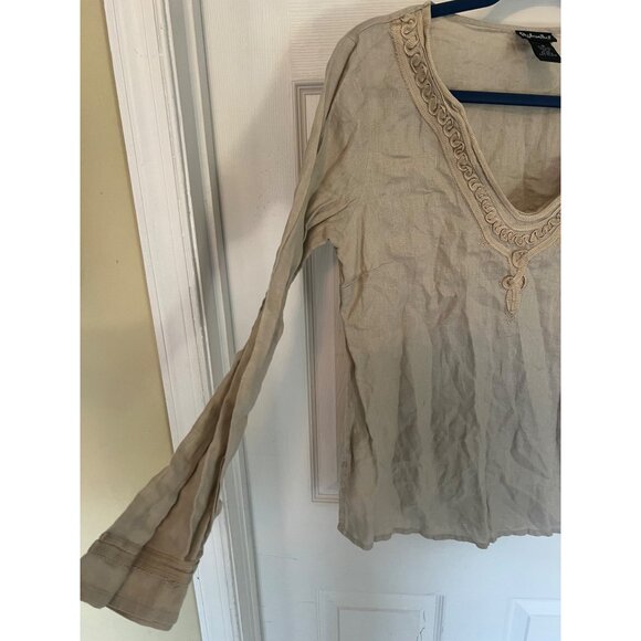 Rafaella 100% Linen Tan Pullover Long sleeve V-neck Tunic Blouse 12 - Picture 4 of 9
